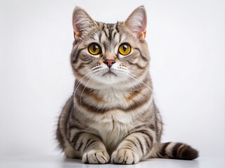 Obraz premium Adorable American Wirehair cat with unique wiry fur and bright curious eyes poses regally on a clean white background, showcasing its distinctive features.