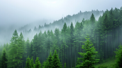 Fototapeta premium A peaceful forest with tall green trees shrouded in morning mist, capturing the essence of tranquility and natural beauty.