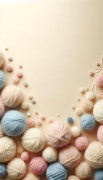 A soft beige background with cozy wool yarn balls in soft pastel shades like light blue, pink, and cream scattered around the edges. 