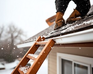 Homeowner inspecting their roof after a hailstorm, with a ladder propped against the house and hailstones scattered across the roof, preparing for repairs