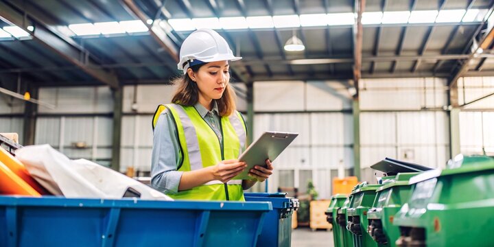Waste Management Worker Inspecting Recycling Bins. A waste management worker wearing a safety vest and helmet inspects recycling bins with a clipboard in hand.
