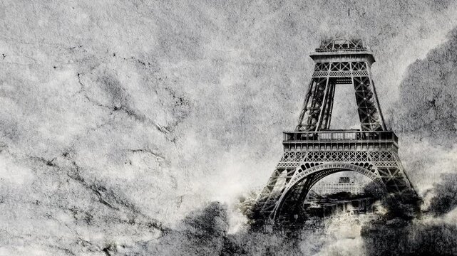 Eiffel Tower in Paris smoothly appears on old, grunge paper with time lapse of sky with clouds. Creative, combined 3D 4K parallax video of high quality. Template for a postcard or historical video.