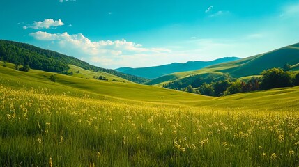 Fototapeta premium A field of green grass with mountains in the background