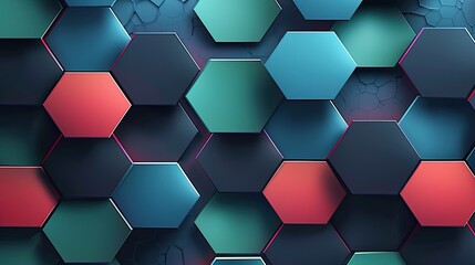 symmetrical stream of pastel green, red, and blue hexagons from left to right in the middle of a navy blue background