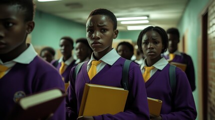 Group of African American students with uniforms, holding books getting ready for the school