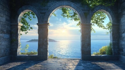 Historic medieval stone arched windows with romantic view of sea or ocean, summer landscape background. Generation of Ai