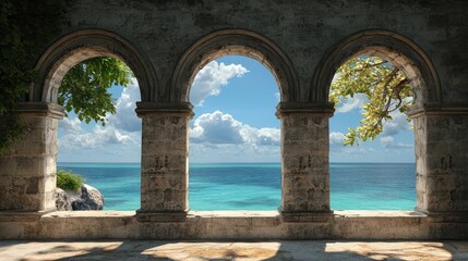 Historic medieval stone arched windows with romantic view of sea or ocean, summer landscape background. Generation of Ai
