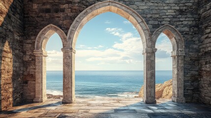 Historic medieval stone arched windows with romantic view of sea or ocean, summer landscape background. Generation of Ai