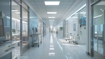 Design a 3D rendering of a busy hospital. What features and details convey the importance and functionality of this healthcare setting