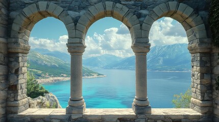Historic medieval stone arched windows with romantic view of sea or ocean, summer landscape background. Generation of Ai