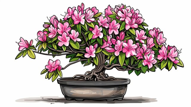 pink azalea bonsai tree in pot clip art preview