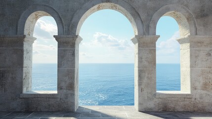 Historic medieval stone arched windows with romantic view of sea or ocean, summer landscape background. Generation of Ai