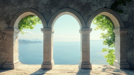 Historic medieval stone arched windows with romantic view of sea or ocean, summer landscape background. Generation of Ai