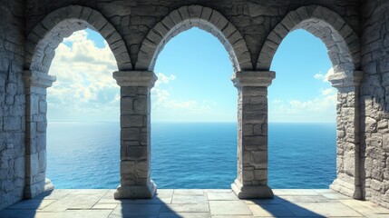 Historic medieval stone arched windows with romantic view of sea or ocean, summer landscape background. Generation of Ai