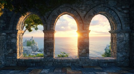 Fototapeta premium Historic medieval stone arched windows with romantic view of sea or ocean, summer landscape background. Generation of Ai
