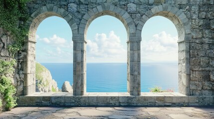 Historic medieval stone arched windows with romantic view of sea or ocean, summer landscape background. Generation of Ai