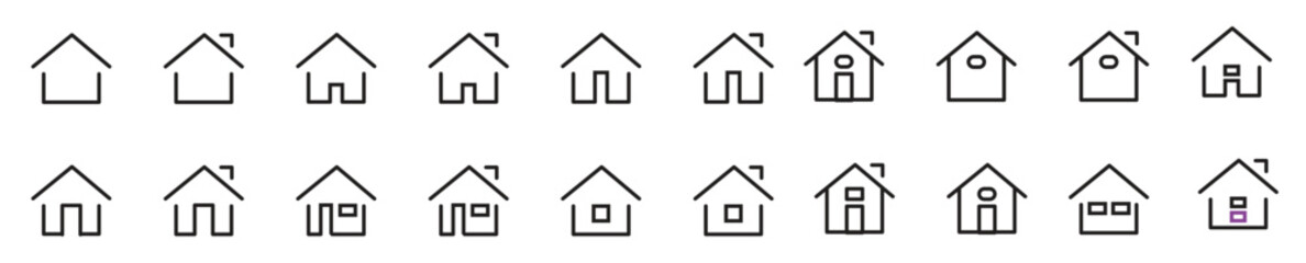 Set of house icons. Basic elements. Editable Vector. Flat icon in the form of purple lines on a white background