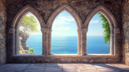 Historic medieval stone arched windows with romantic view of sea or ocean, summer landscape background. Generation of Ai