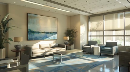 Fototapeta premium The waiting room features a calming color scheme of blues and greens,