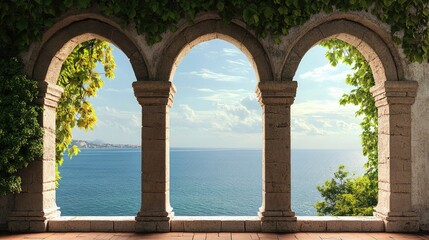Historic medieval stone arched windows with romantic view of sea or ocean, summer landscape background. Generation of Ai