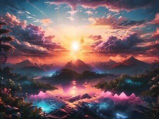 This captivating image features a man standing on a hill, gazing at a breathtaking sunset that paints the sky in vibrant hues of orange, pink, and purple.