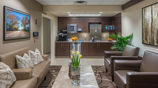 The waiting room features a refreshment station with complimentary beverages and snacks,