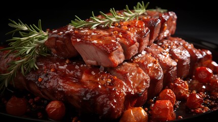 Close view of ribs, capturing the savory textures, front view from above, studio lighting, white background.