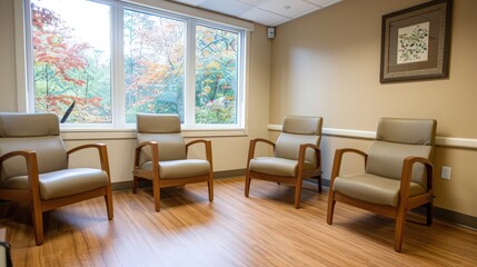 The waiting room includes comfortable seating options, such as recliners and ergonomic chairs, ensuring comfort during extended waits