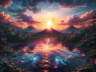 This captivating image features a man standing on a hill, gazing at a breathtaking sunset that paints the sky in vibrant hues of orange, pink, and purple.