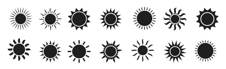 Sun vector icon summer symbol sunny set black silhouette Cartoon solar ray illustration