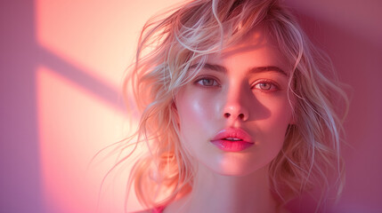 Fototapeta premium A blonde woman's shadow casting an enigmatic silhouette against a pastel backdrop-3