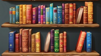 Colorful cartoon bookshelf filled with various books, isolated on a transparent background, ideal for education and learning themes.