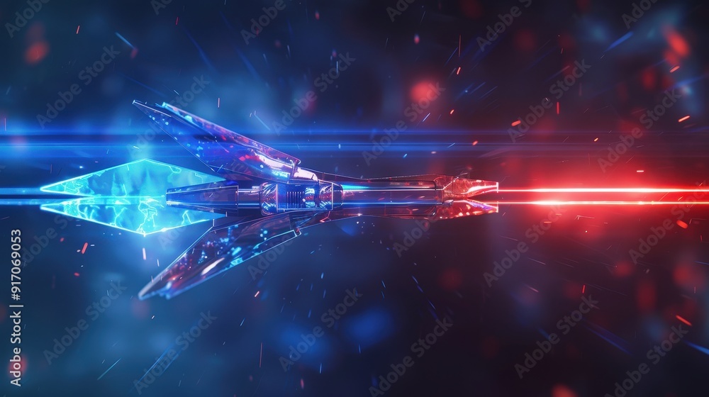 Poster design a futuristic arrow with a holographic effect. what elements make it look advanced and suitabl