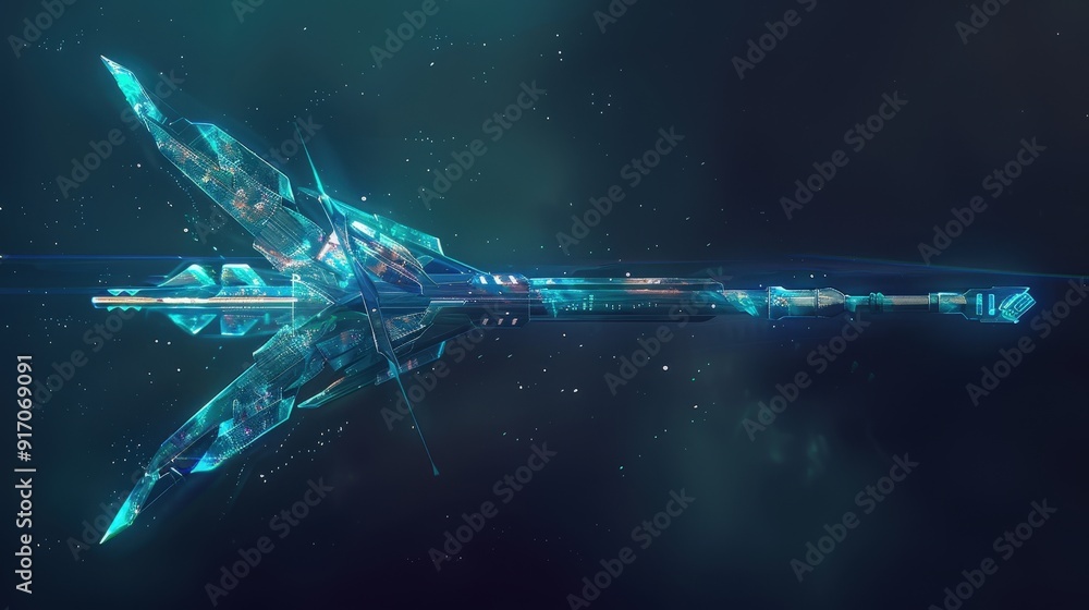 Poster design a futuristic arrow with a holographic effect. what elements make it look advanced and suitabl