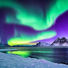 Naklejka premium Northern Lights over the sea, snowy mountains at starry winter night. Aurora borealis in Lofoten islands, Norway. Sky with polar lights. Landscape with aurora, beach, sky, reflection in water. Space