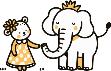 Cute hand drawing Mother Bear with an Elephant