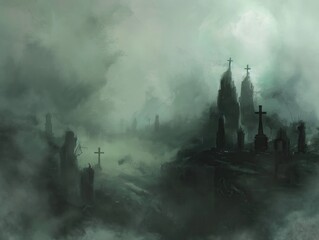 Foggy Graveyard at Night.