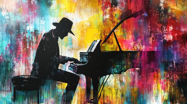 Jazz Music Street Art with Musical Instrument Silhouette on Textured Wall, Vibrant Graffiti Urban Style Background. AI generated illustration.