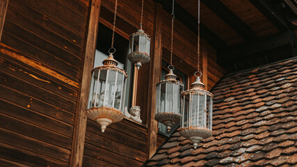 wooden house with lanterns