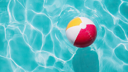 A vibrant beach ball afloat in crystal clear water, perfect for summer fun and relaxation by the pool.