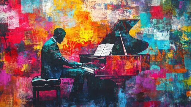 Jazz music street art with musical instrument silhouette. Colorful graffiti art on textured wall, background. Generation of Ai