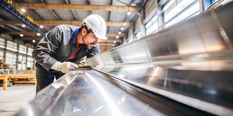 Metalworker Inspecting Steel in Factory. A focused factory worker in protective gear carefully examines a long piece of fabricated steel, ensuring quality and precision in a modern industrial setting.