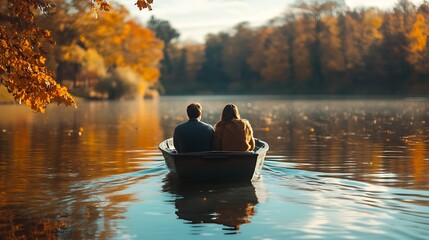 A couple enjoying a boat ride on a lake, both in sweaters, with the autumn breeze creating gentle ripples