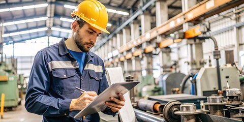 Industrial Engineer Conducting Quality Control in Manufacturing Plant. A focused industrial engineer in a hard hat and safety gear conducts quality control checks in a busy manufacturing plant.
