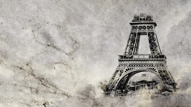 Eiffel Tower in Paris smoothly appears on old, grunge paper with time lapse of sky with clouds. Creative, combined 3D 4K parallax video of high quality. Template for a postcard or historical video.
