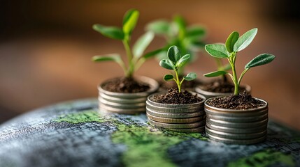 Silver coins and seedlings on a green world map globe, symbolizing green economics and financial conservation.