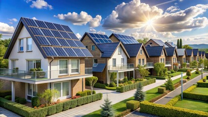 Eco-friendly homes with solar panels in a sustainable housing development under the sky, Eco-friendly, homes