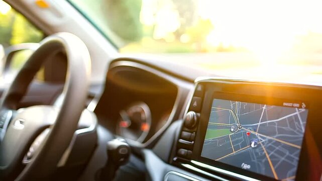 Closeup of the GPS or Global Positioning System on the small computer screen in the modern car interior. Automobile travel and transport on the road, city street navigation, satellite location