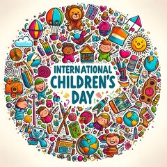 Obraz premium Colorful doodles celebrating International Children’s Day with balloons, toys, and smiling children