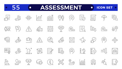 Assessment icons set. Stroke thin line vector illustration with goals, results, process, quality, evaluation, planning, analysis, auditing, financial report, measuring, expertise
